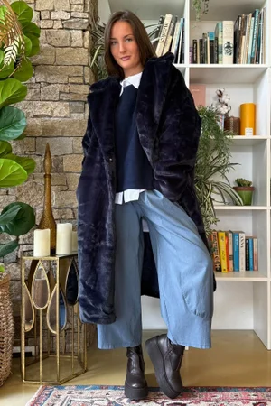 Mara Luxury Faux Fur Long Coat Navy